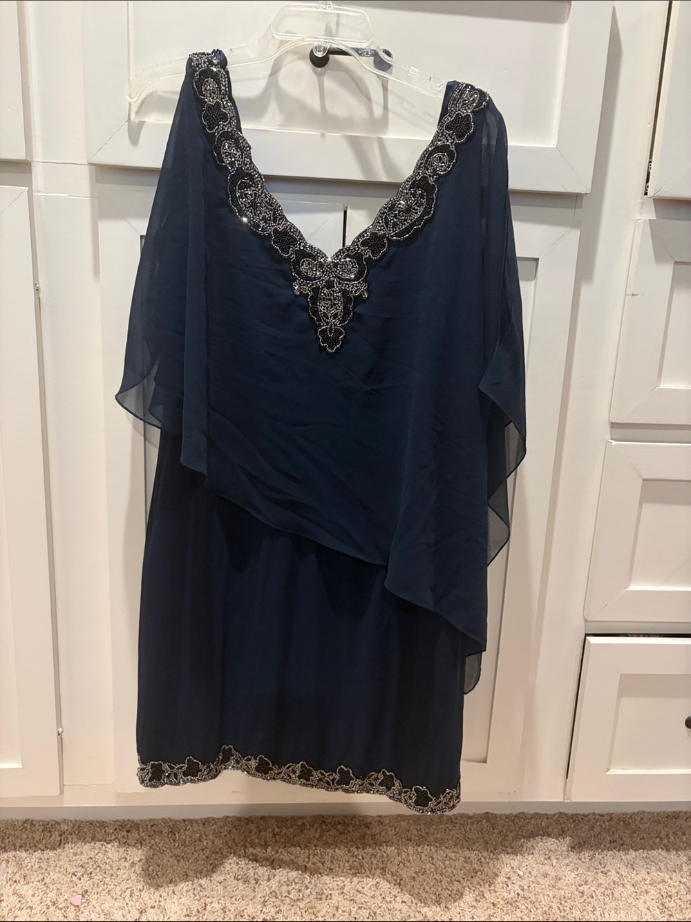J Kara Navy Blue Chiffon Overlay Dress with Bead Embellishment